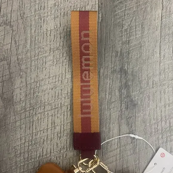 Lululemon Dual Pouch Wristlet Wallet Keychain Maroon Gold Tan Wordmark Strap
